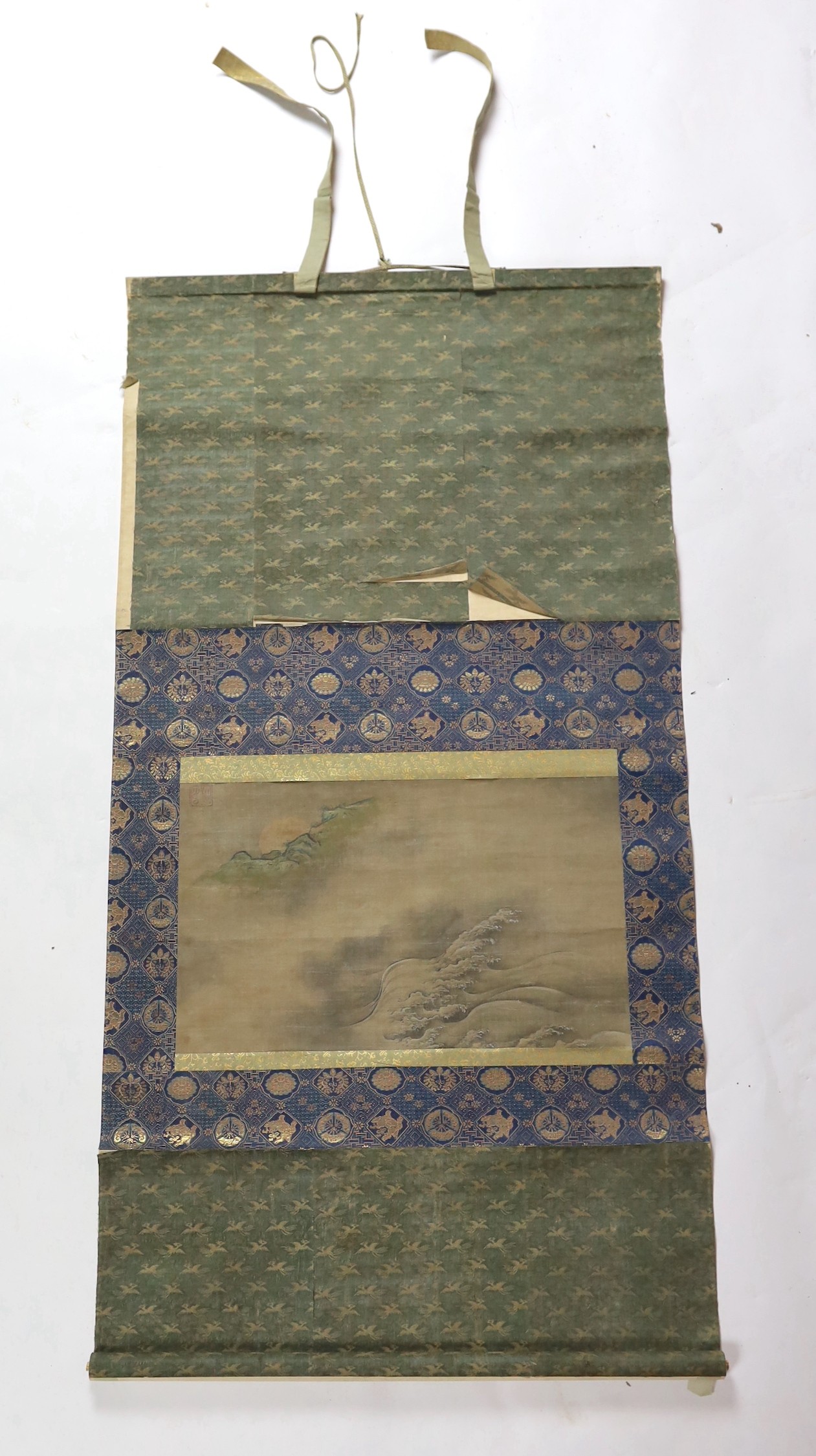 Japanese School, late Edo period, scroll painting of waves and the moon behind rocks, image 28.5cm x 46.5cm